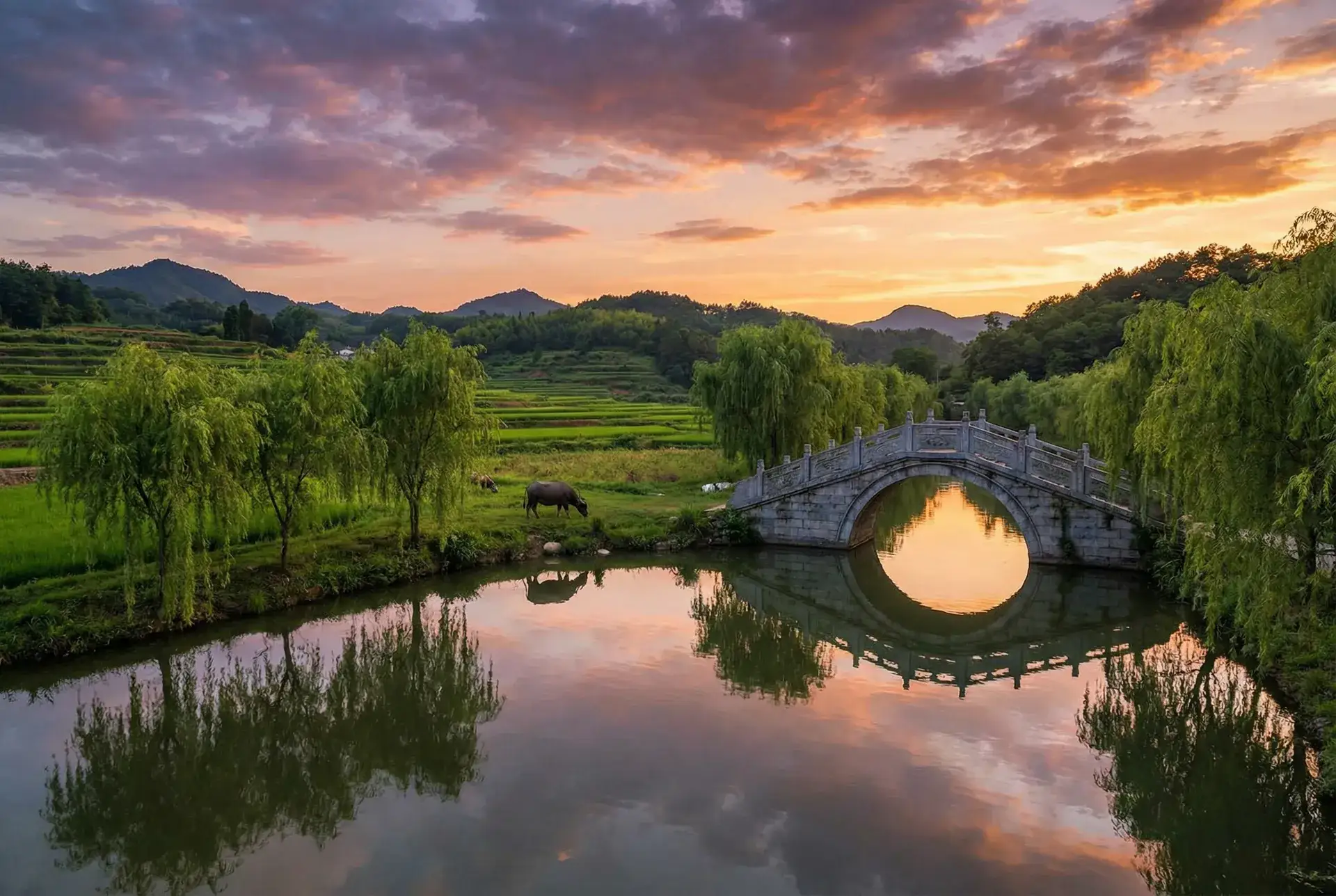 夕阳下的石拱桥与垂柳，水牛在河边吃草 - 灭火宝贝未删减版 乡村美景